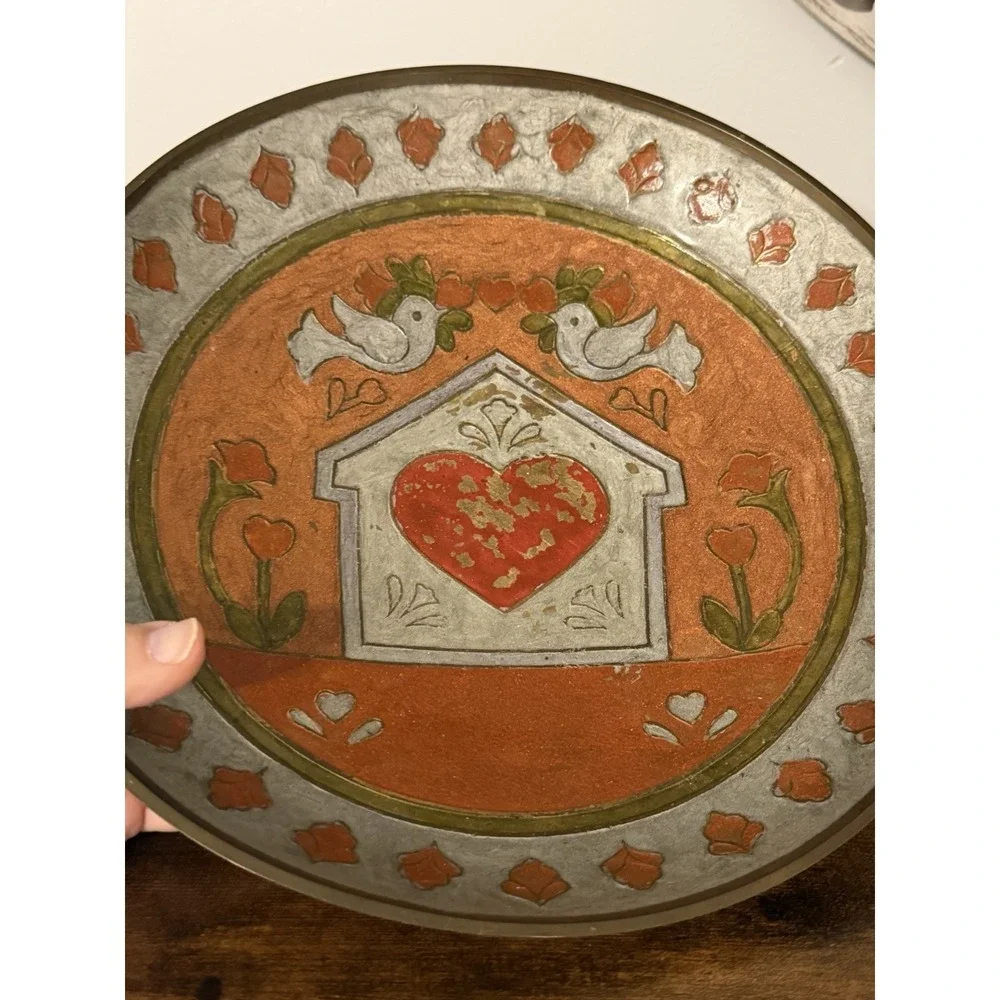 Vintage Solid Brass Hand Painted Folk Art Pedestal Bowl India Heart Dove 11